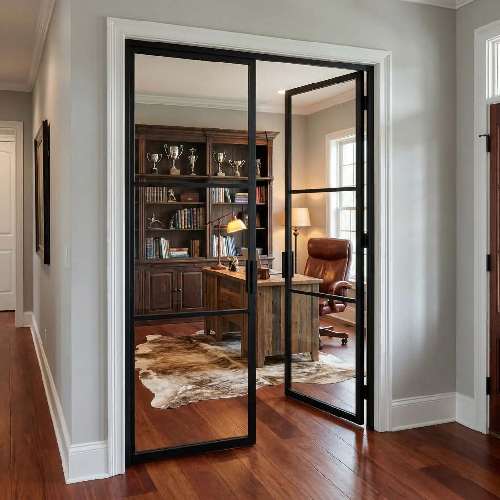 Steel French door with clear glass panels for home interior